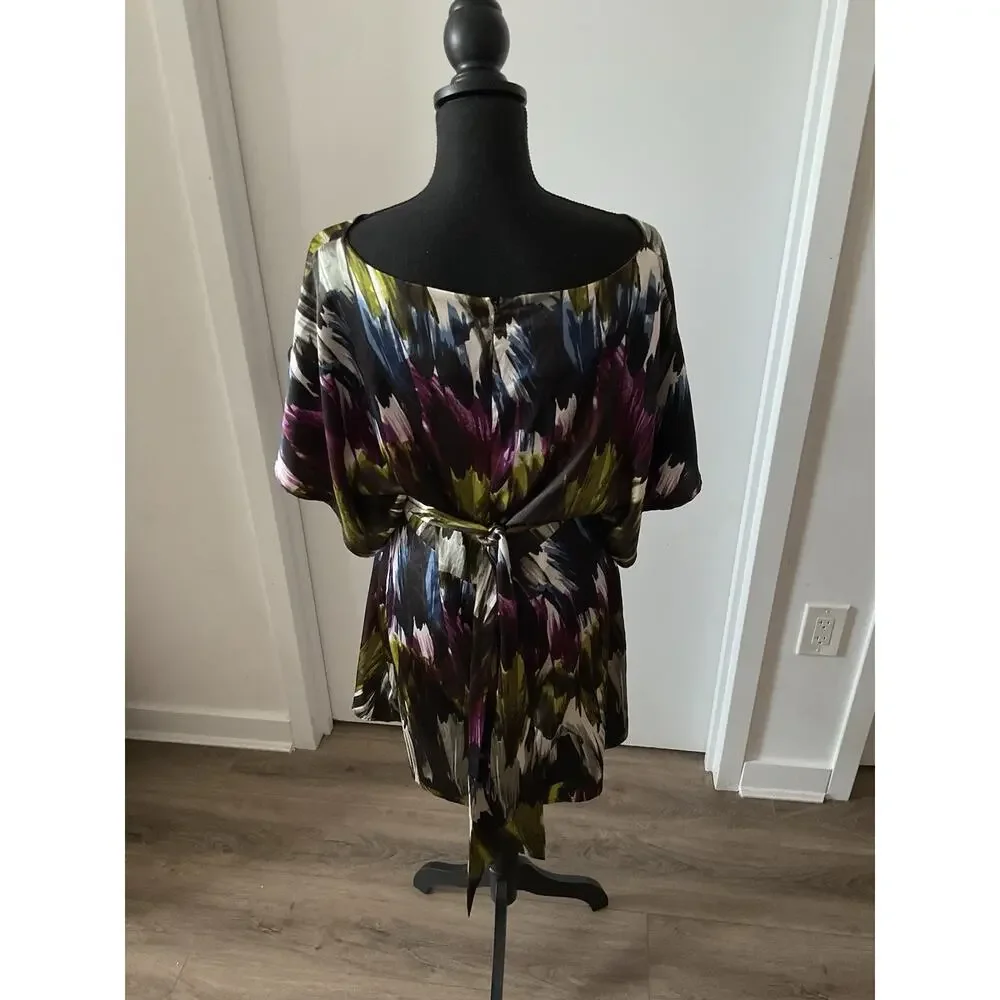BCBGMAXAZRIA Multicolor Abstract Satin Sheath Dress Belted Boat Neck Sz M